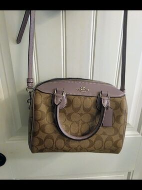 Coach Signature Canvas Satchel in Brown with Dusty Pink Trim